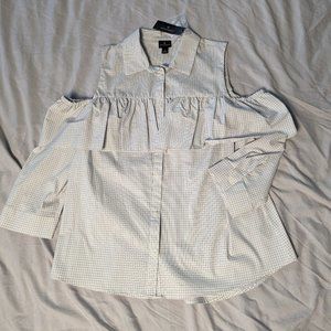 Worthington White Checkered Shirt with Cut out Shoulders and Ruffle Detail